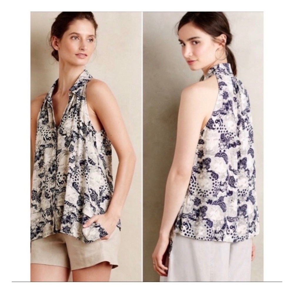 Maeve Anthropologie Navy Cream Faces Floral Sleeveless Button Down Blouse 10